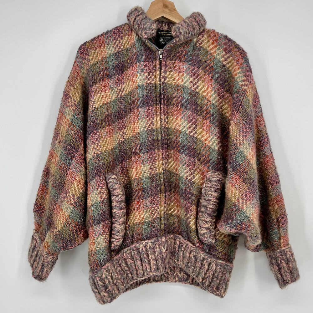 Vtg Tapestries Ireland Wool Cardigan Large Chunky Muted Pastel Plaid Zip Pockets
